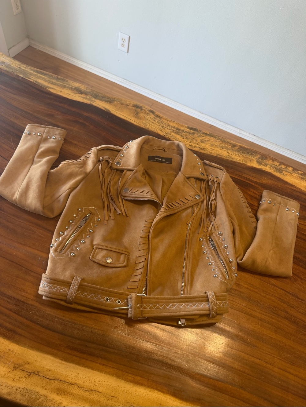 Zara Camel Suede Fringe Studded Moto Jacket